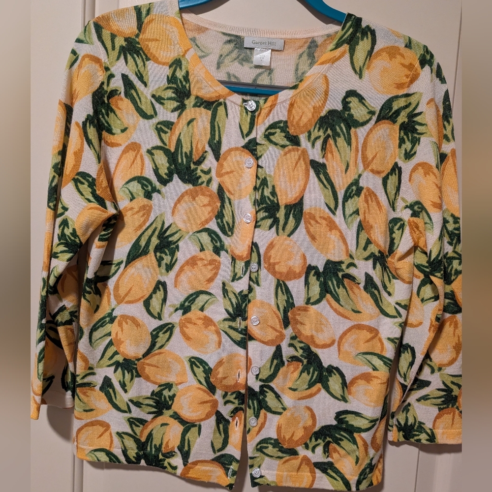 Vintage Lemons Garnet Hill Cardigan, 100% Merino, Size M, EUC